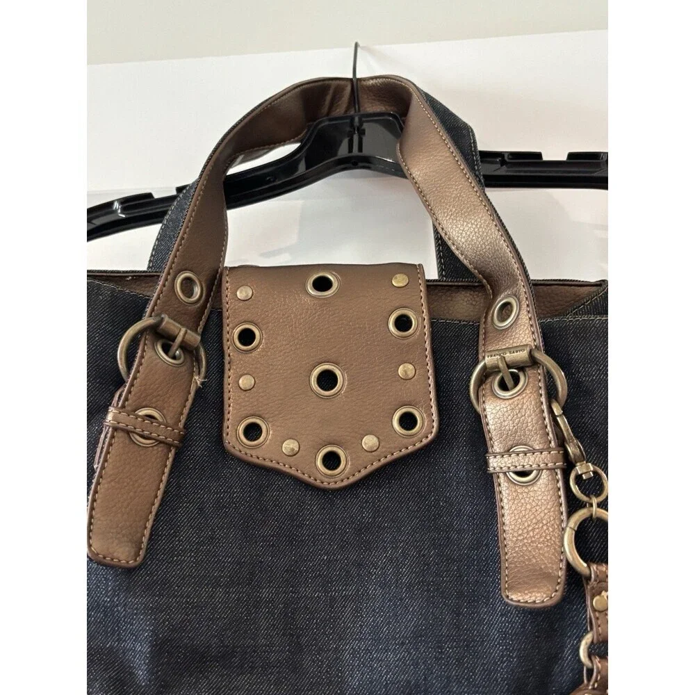 Franco Sarto Denim Blue & Brown Metallic Grommet Studded Y2K Satchel Tote Purse